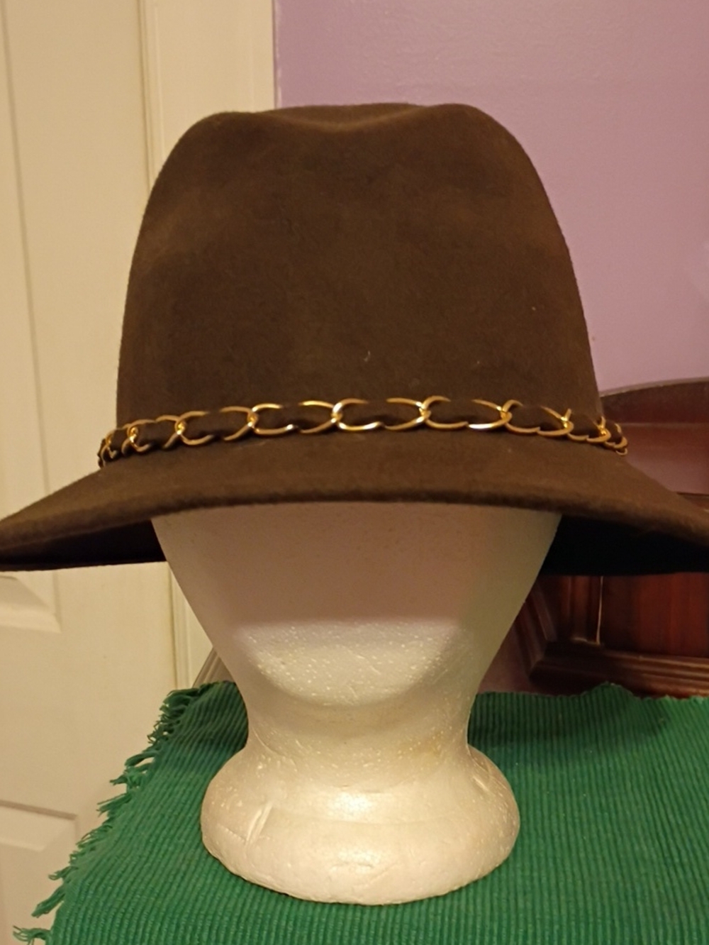 Collection 18 Brown Wool Fedora Hat with Gold Chain Trim